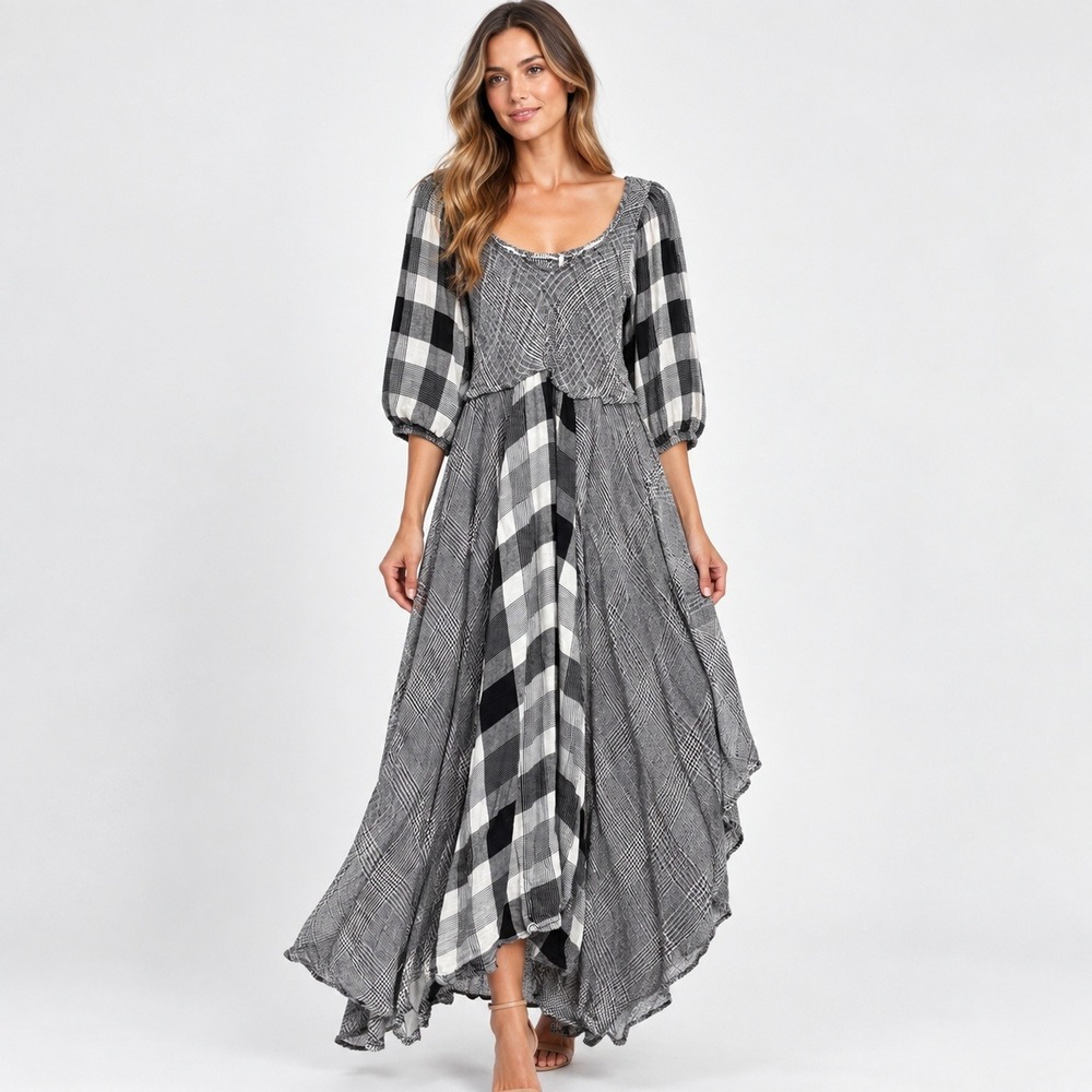 Free People Mixed Plaid Checkered Smocked Maxi Dress BlackWhite Handkerchief Hem